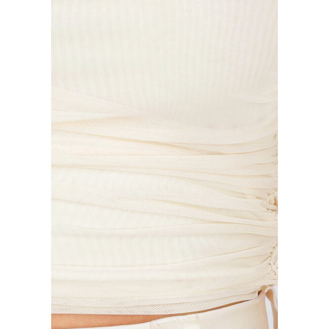 Hellbeiges schulterfreies Mesh-Top mit Stretch- und Drapierungseffekt