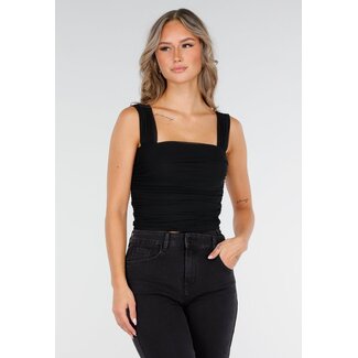 Schwarzes Mesh-Top mit Drapierungseffekt