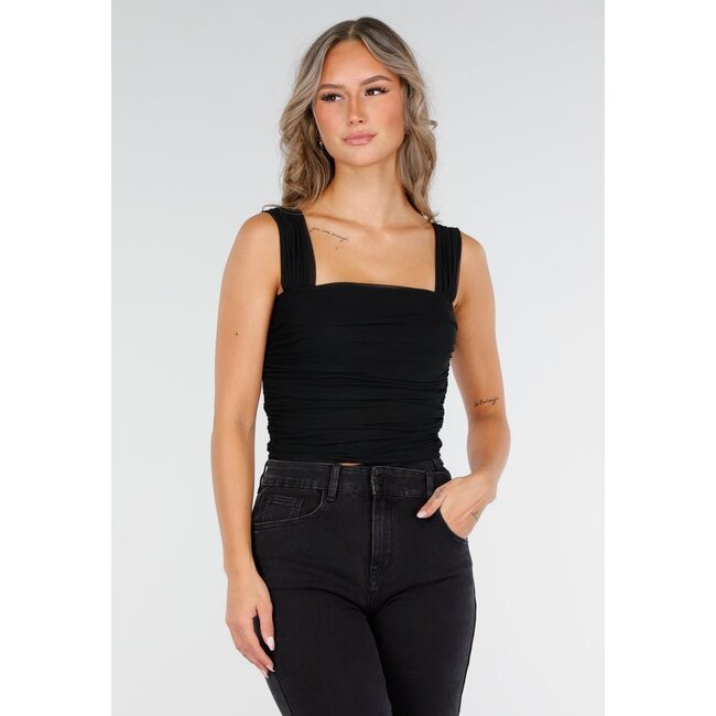 Schwarzes schulterfreies Top aus Mesh mit Drapierungseffekt und Stretch