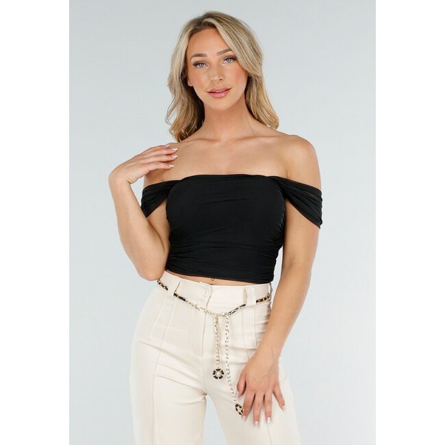 Schwarzes schulterfreies Top aus Mesh mit Drapierungseffekt und Stretch