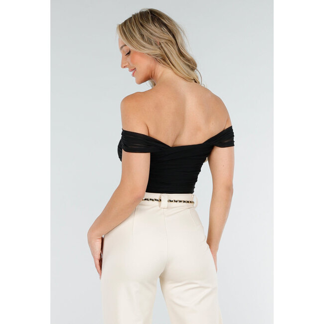Schwarzes schulterfreies Top aus Mesh mit Drapierungseffekt und Stretch