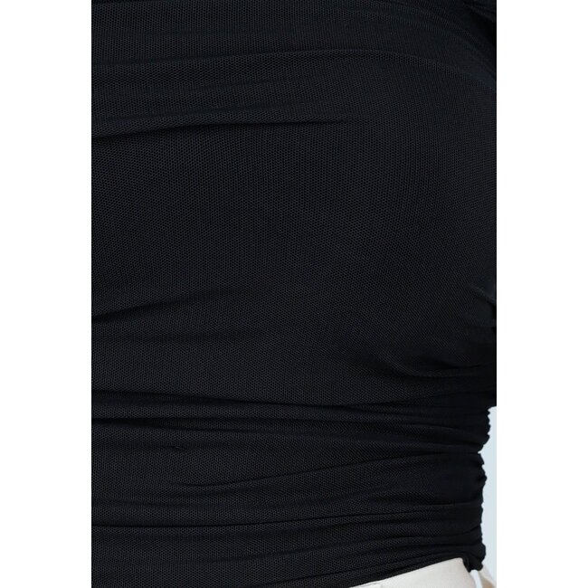 Schwarzes schulterfreies Top aus Mesh mit Drapierungseffekt und Stretch