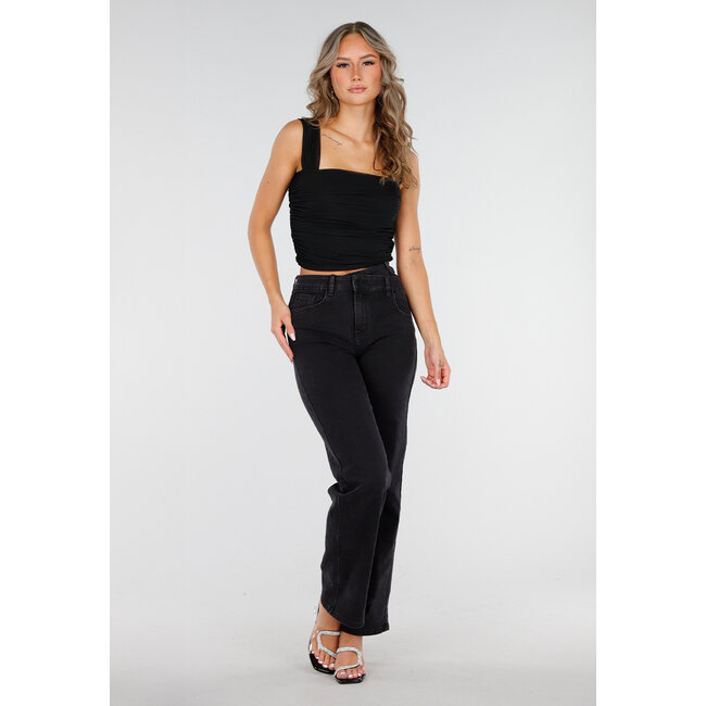 Schwarzes schulterfreies Top aus Mesh mit Drapierungseffekt und Stretch