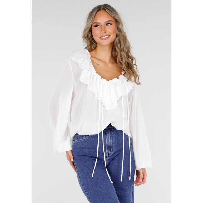 Weiße Rüschenbluse mit Schleife