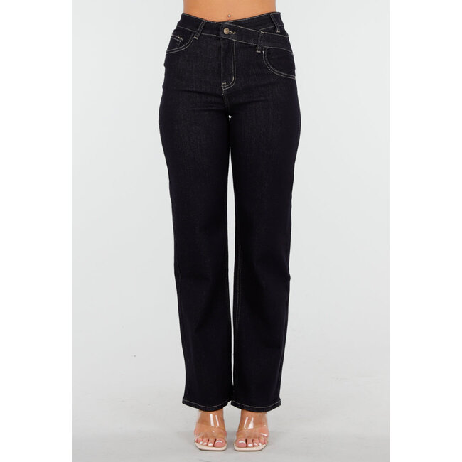 Dunkelblaue Jeans mit hoher Taille und Revers, weites Bein und gerades Bein