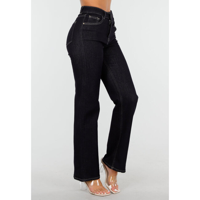 Dunkelblaue Jeans mit hoher Taille und Revers, weites Bein und gerades Bein