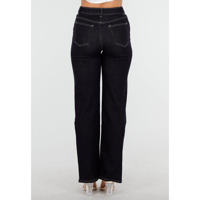 Dunkelblaue Jeans mit hoher Taille und Revers, weites Bein und gerades Bein