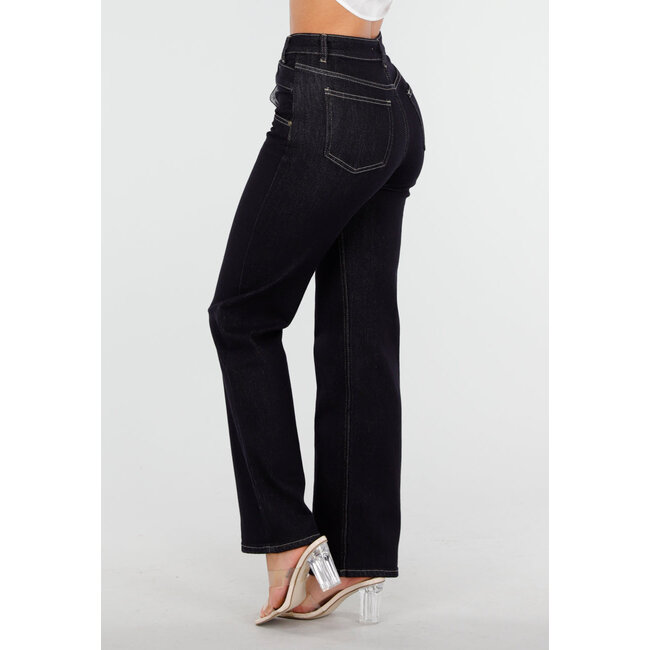 Dunkelblaue Jeans mit hoher Taille und Revers, weites Bein und gerades Bein