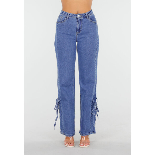 Blaue High Waist Jeans mit Schleifendetail an den Beinen