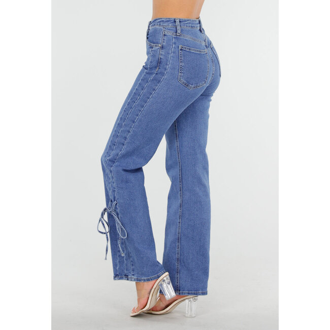 Blaue High Waist Jeans mit Schleifendetail an den Beinen