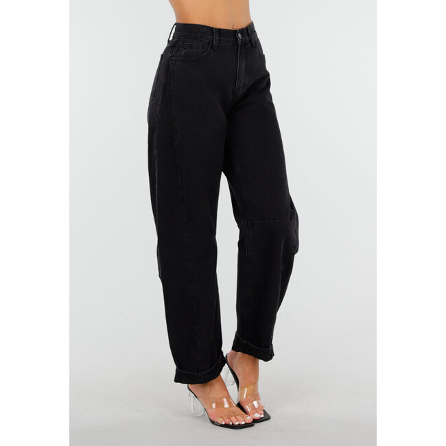 Schwarze High Waist Barrel Jeans mit umgeschlagenem Saum