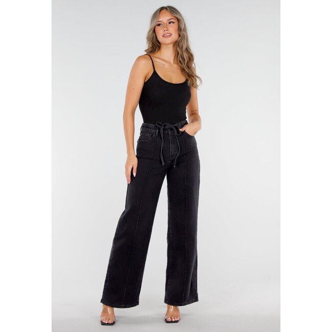 Schwarze Jeans mit weitem Bein, Schleifenverschluss und hoher Taille