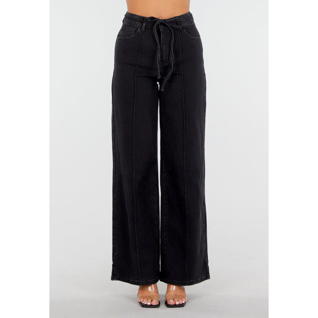 Schwarze Jeans mit weitem Bein, Schleifenverschluss und hoher Taille