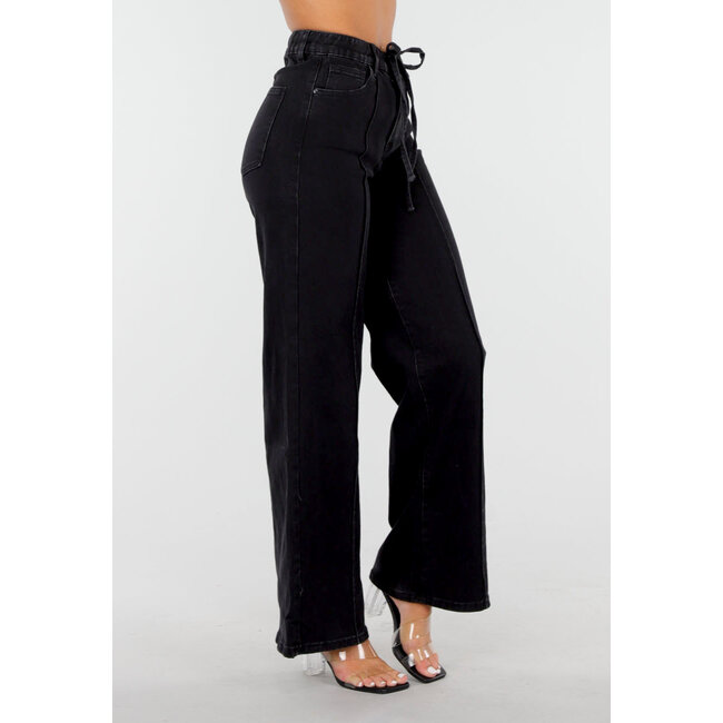 Schwarze Jeans mit weitem Bein, Schleifenverschluss und hoher Taille