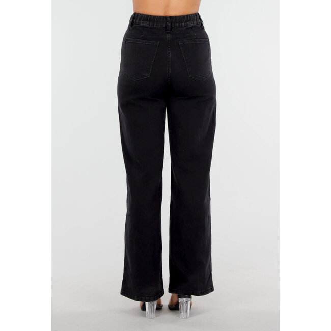 Schwarze Jeans mit weitem Bein, Schleifenverschluss und hoher Taille