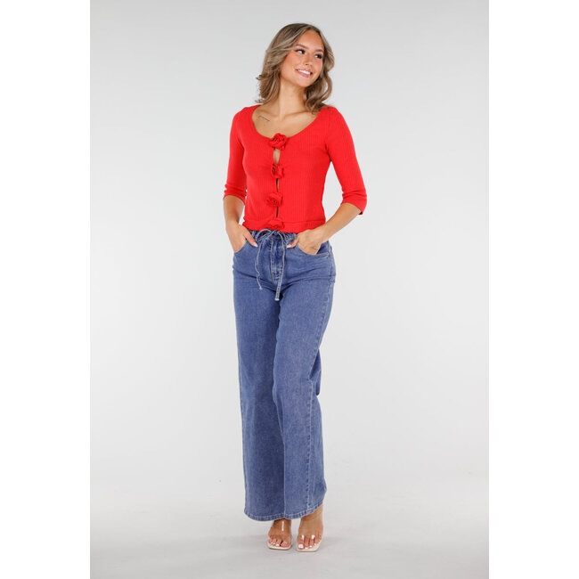 Blaue Jeans mit weitem Bein, elastischer Taille und Schleifenband