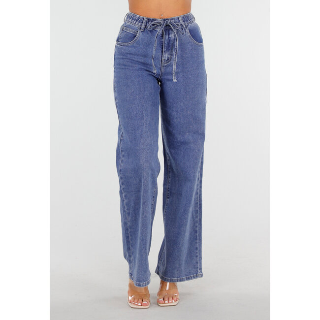 Blaue Jeans mit weitem Bein, elastischer Taille und Schleifenband