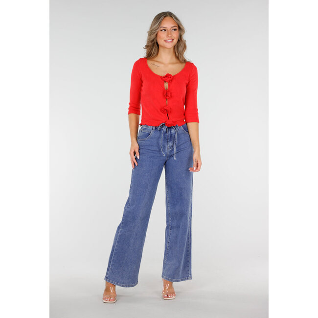 Blaue Jeans mit weitem Bein, elastischer Taille und Schleifenband