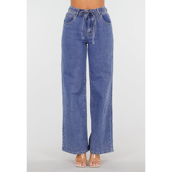 Blaue Jeans mit weitem Bein, elastischer Taille und Schleifenband