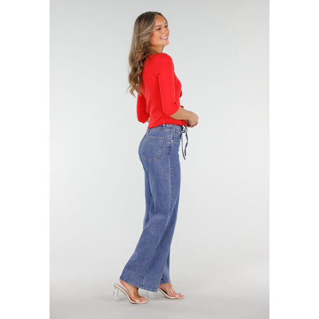 Blaue Jeans mit weitem Bein, elastischer Taille und Schleifenband