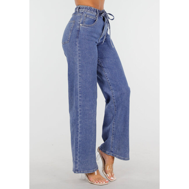 Blaue Jeans mit weitem Bein, elastischer Taille und Schleifenband