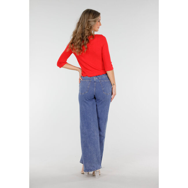 Blaue Jeans mit weitem Bein, elastischer Taille und Schleifenband