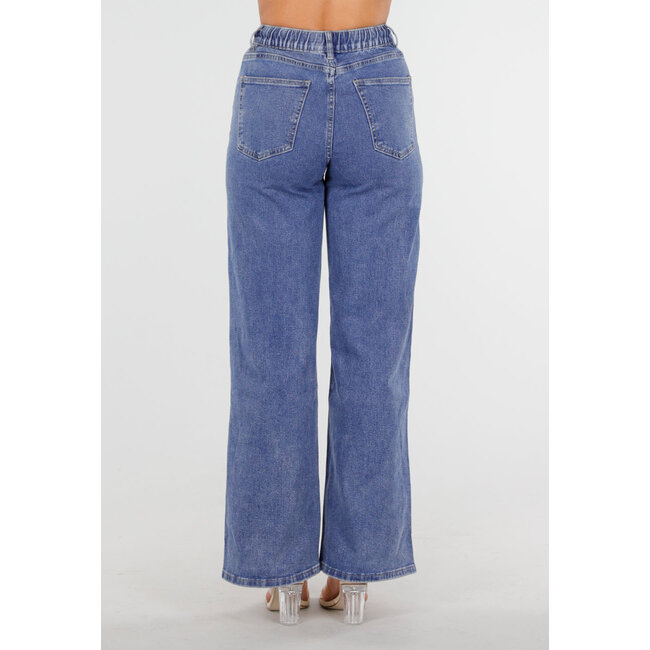 Blaue Jeans mit weitem Bein, elastischer Taille und Schleifenband