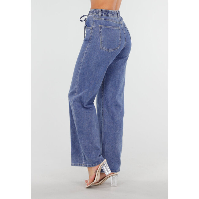 Blaue Jeans mit weitem Bein, elastischer Taille und Schleifenband