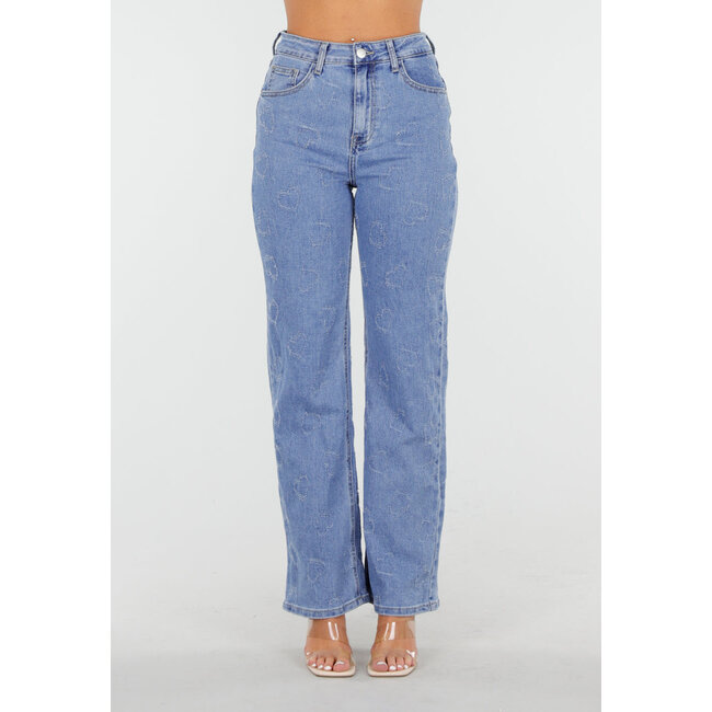 Hellblaue Jeans mit hoher Taille und gerüschten Herzen