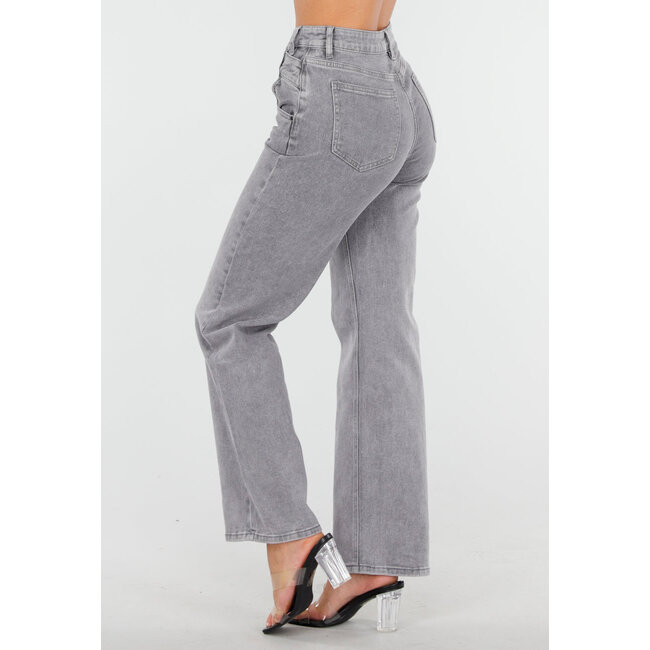 Graue High Waist Straight Jeans mit leicht verwaschenem Look
