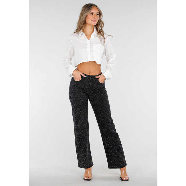 Schwarze Straight Jeans mit schimmerndem Karomuster