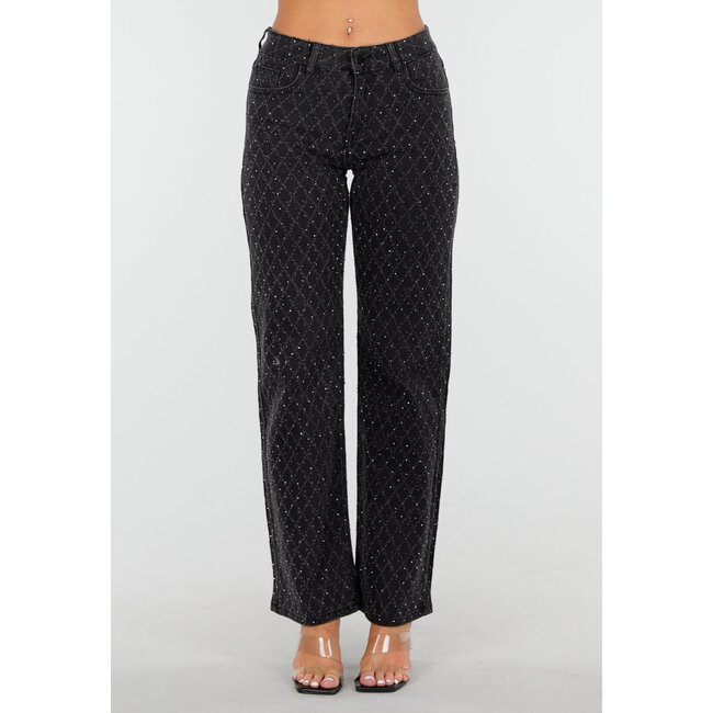 Schwarze Straight Jeans mit schimmerndem Karomuster