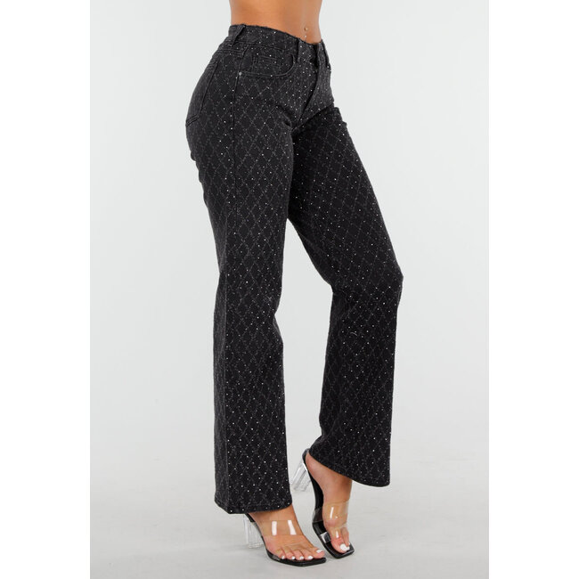 Schwarze Straight Jeans mit schimmerndem Karomuster