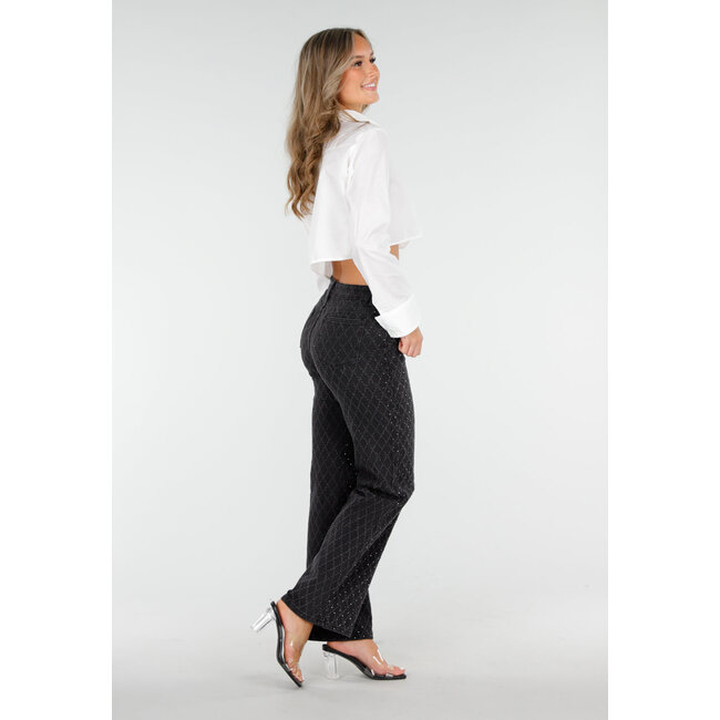 Schwarze Straight Jeans mit schimmerndem Karomuster