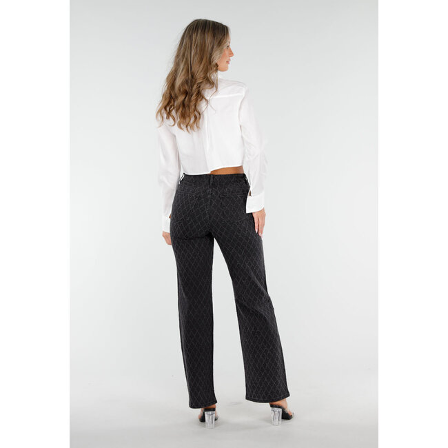 Schwarze Straight Jeans mit schimmerndem Karomuster