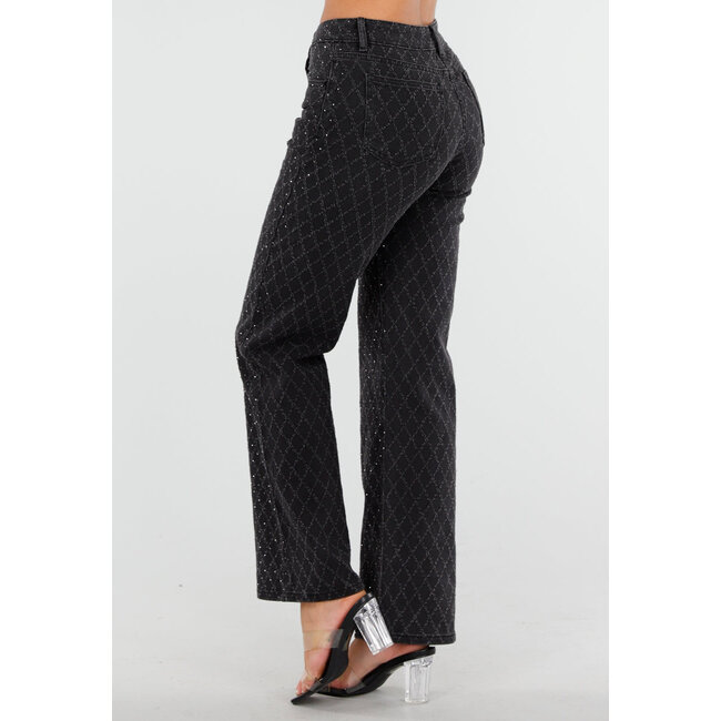 Schwarze Straight Jeans mit schimmerndem Karomuster