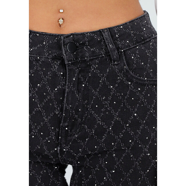 Schwarze Straight Jeans mit schimmerndem Karomuster