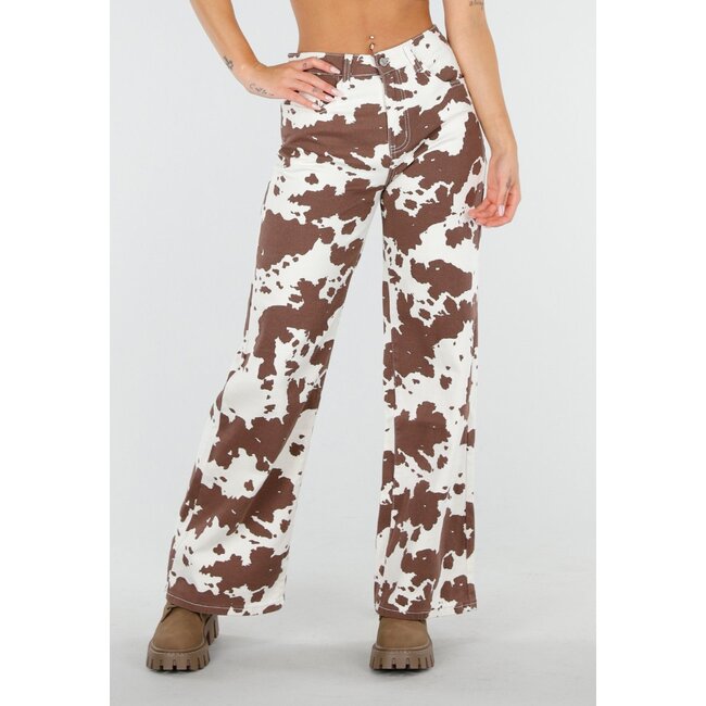Weiß-braune Jeans mit hoher Taille und All-Over-Kuh-Print