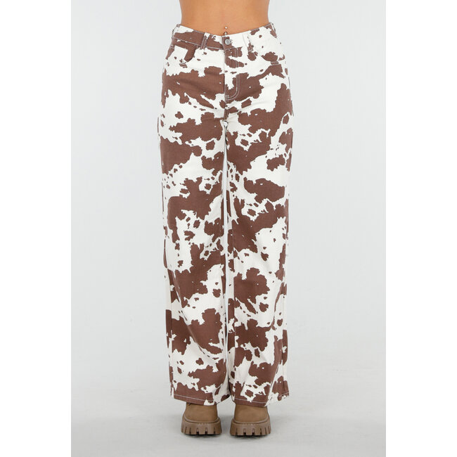 Weiß-braune Jeans mit hoher Taille und All-Over-Kuh-Print