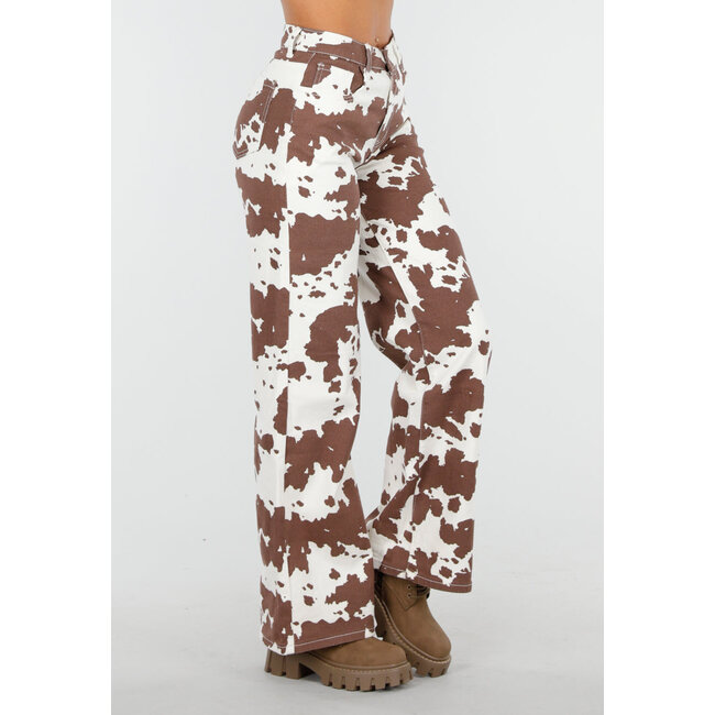 Weiß-braune Jeans mit hoher Taille und All-Over-Kuh-Print