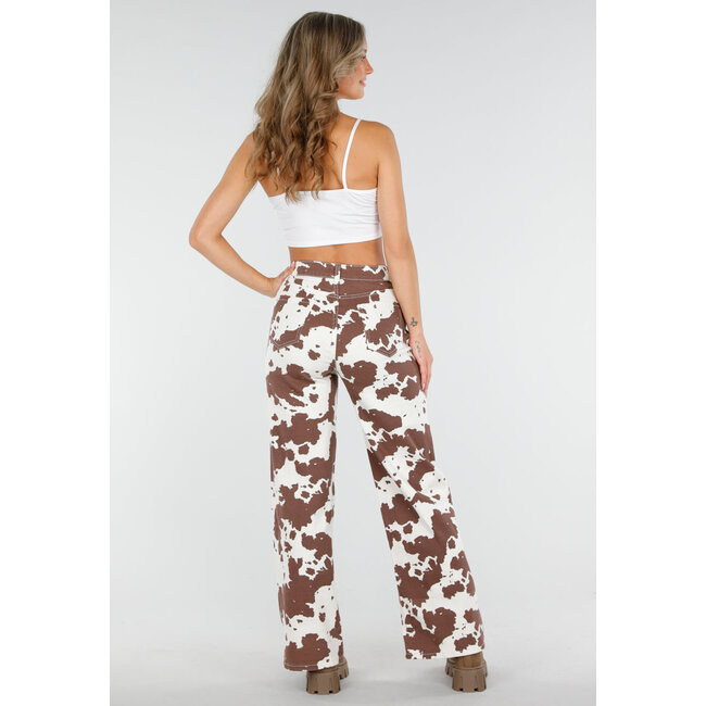 Weiß-braune Jeans mit hoher Taille und All-Over-Kuh-Print