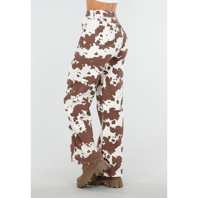 Weiß-braune Jeans mit hoher Taille und All-Over-Kuh-Print