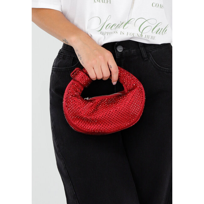 Rote Minihandtasche mit Strasssteinen und runder Form