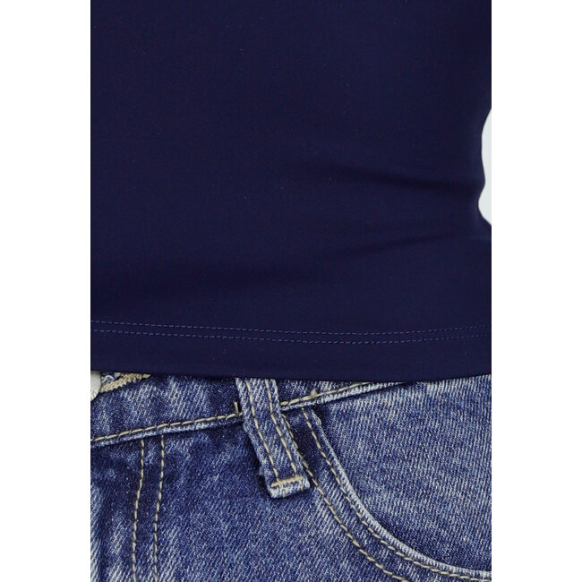 Dunkelblaues schulterfreies Crop-Top mit langen Ärmeln