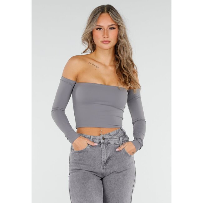 Graues schulterfreies Crop-Top mit langen Ärmeln