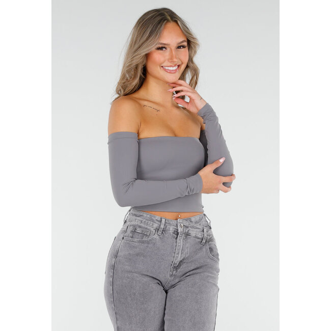 Graues schulterfreies Crop-Top mit langen Ärmeln
