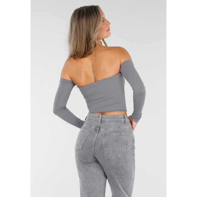 Graues schulterfreies Crop-Top mit langen Ärmeln