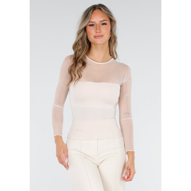 Beigefarbenes Mesh-Top mit langen Ärmeln und Pads