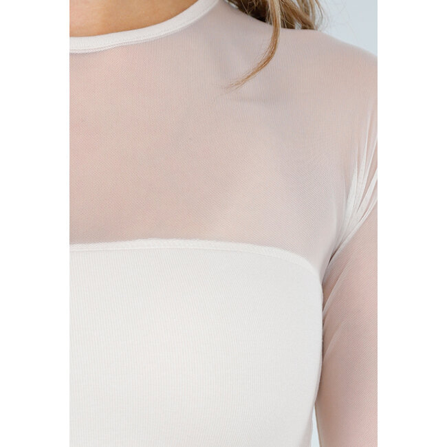 Beigefarbenes Mesh-Top mit langen Ärmeln und Pads