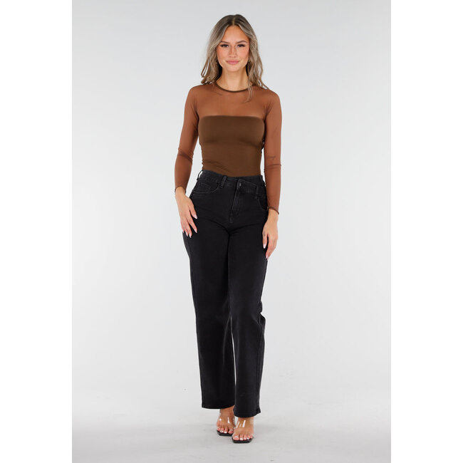 Braunes langärmeliges Mesh-Top mit eingearbeiteten Pads